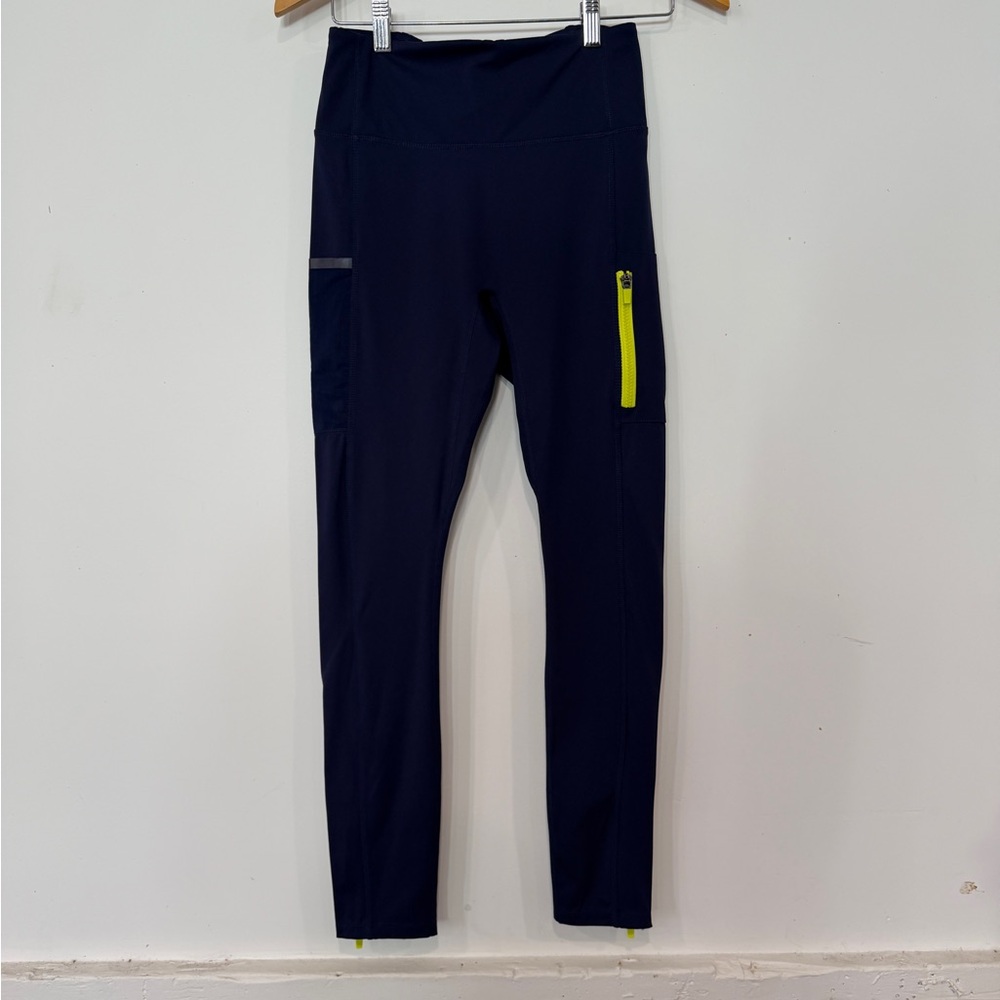 Fabletics Motion365 high waisted Navy legging with Neon Yellow Zip Accent